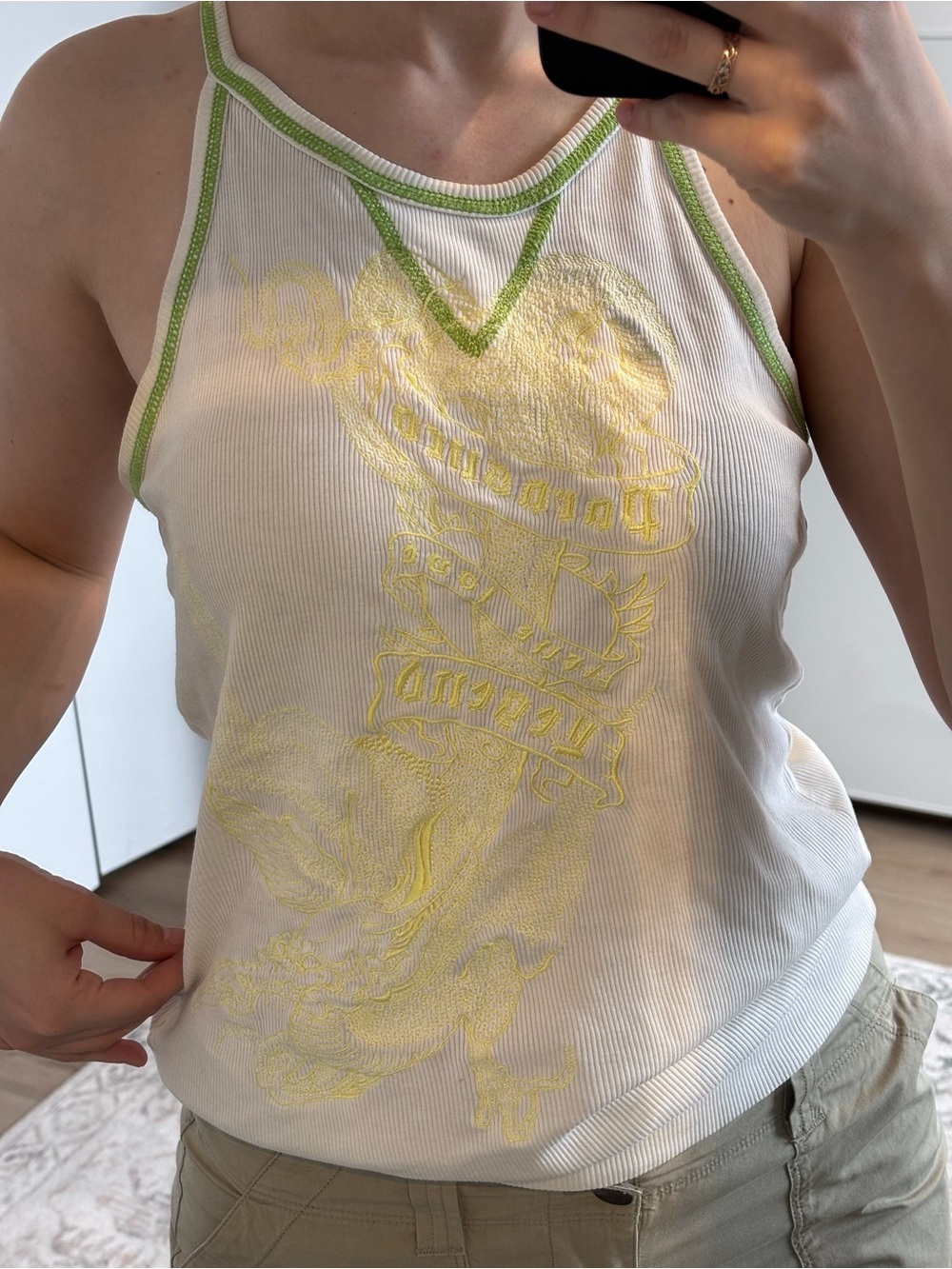 Parasuco 100% Cotton White & Lime Ribbed Halter Tank Top